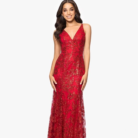 Blondie Nites Juniors' Glitter-Floral V-Neck Gown Red Size 9 - Picture 1 of 4